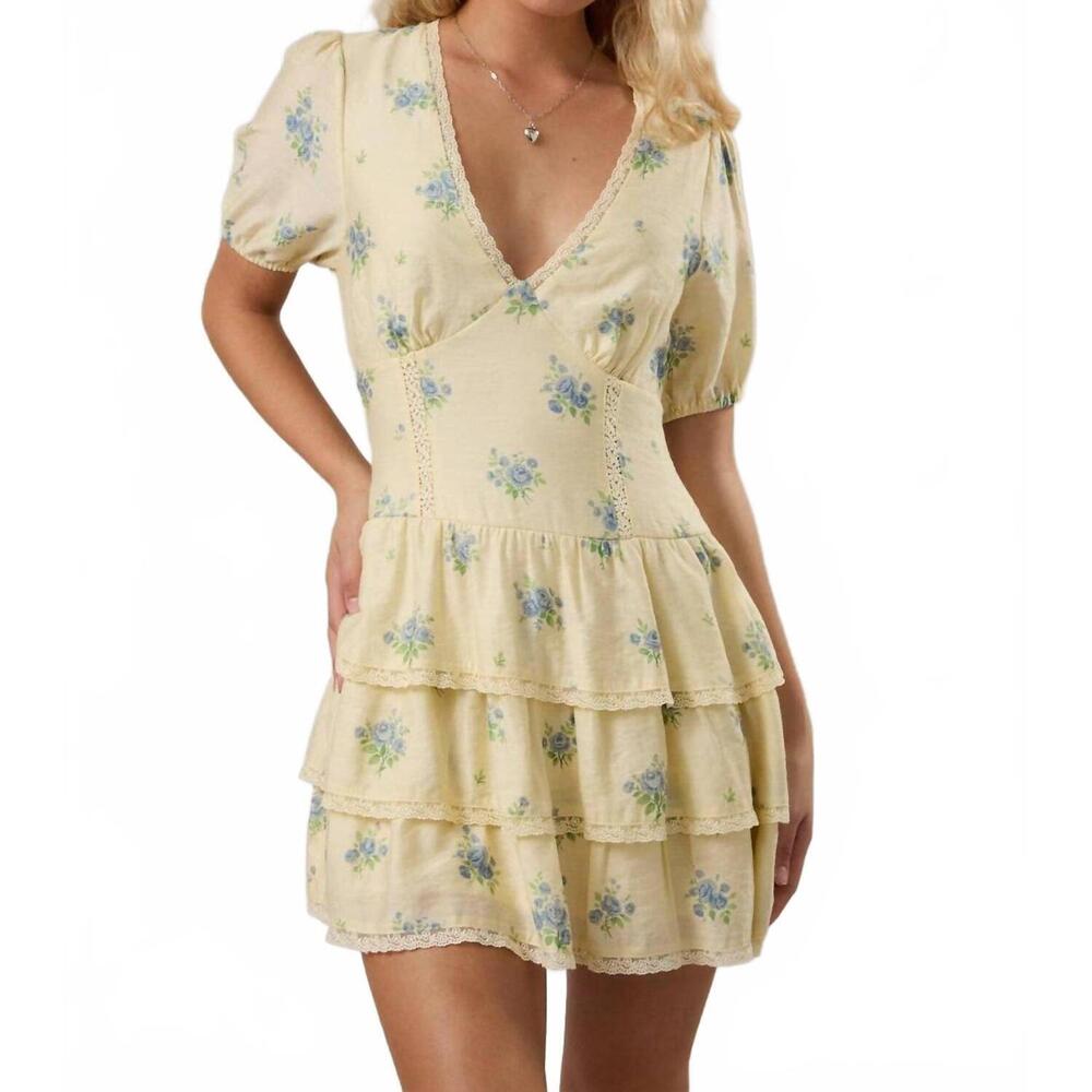 NEW LE LIS paula puff sleeve tiered floral mini dress in butter/blue
